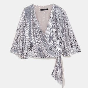 Zara Sequin Top XL V-Neck Wrap Short Sleeve Silver Cropped Blouse Cocktail Party